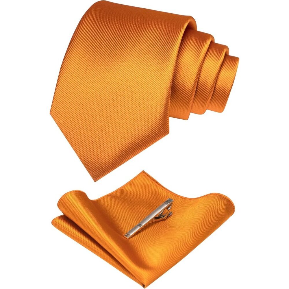 Men's Pumpkin Orange Colour Formal Necktie and Pocket Square Tie Clip Sets